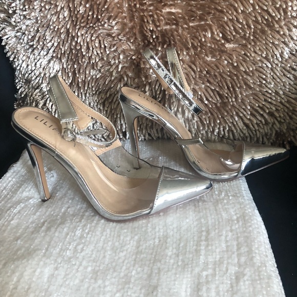 COPY - Liliana ankle strap metallic sling back heel / clear pointy toe pumps - Picture 8 of 10